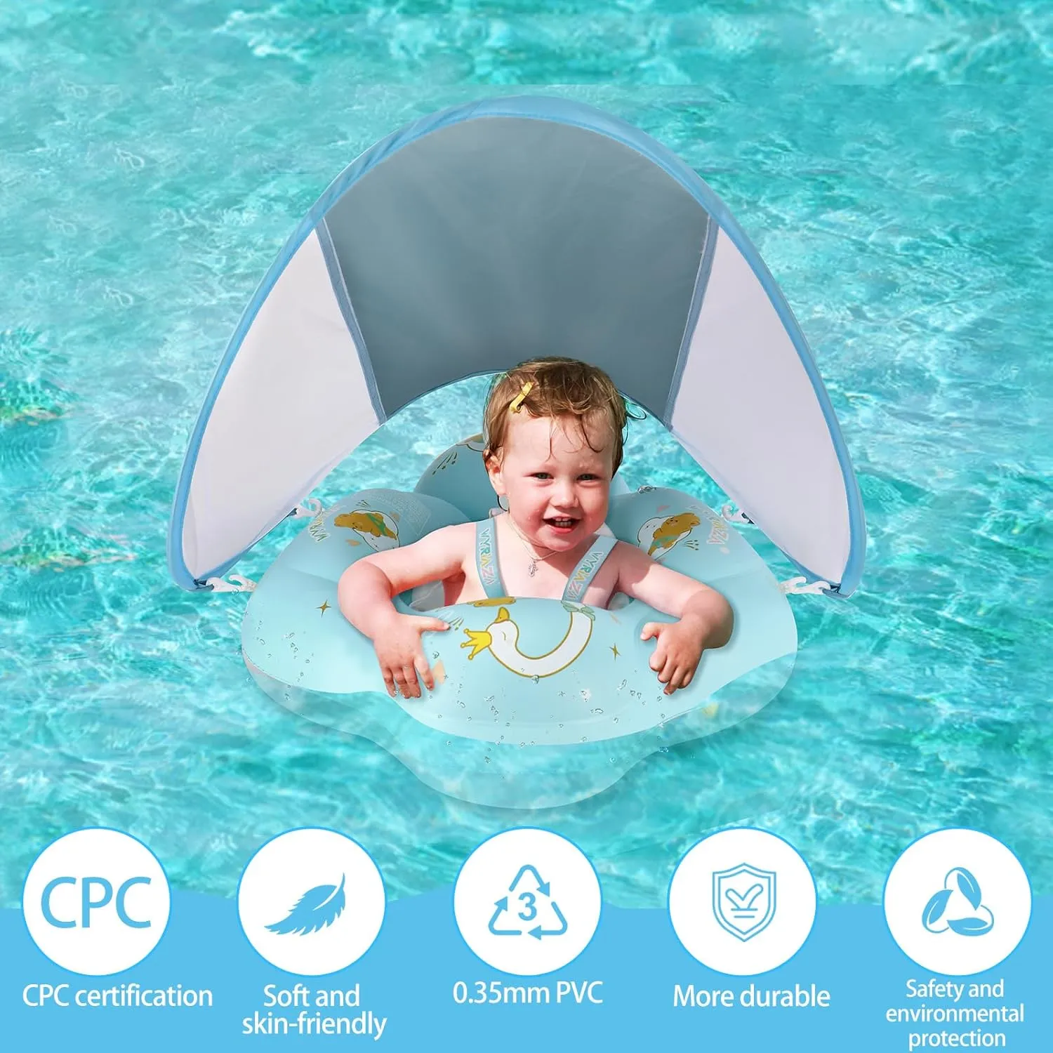 Baby Float with Canopy UPF50  Sun Protection for Infant Newborn Toddler Inflatable Swimming Spring Swim Water Float 0-36 Months with Balance Ball Safety Seat