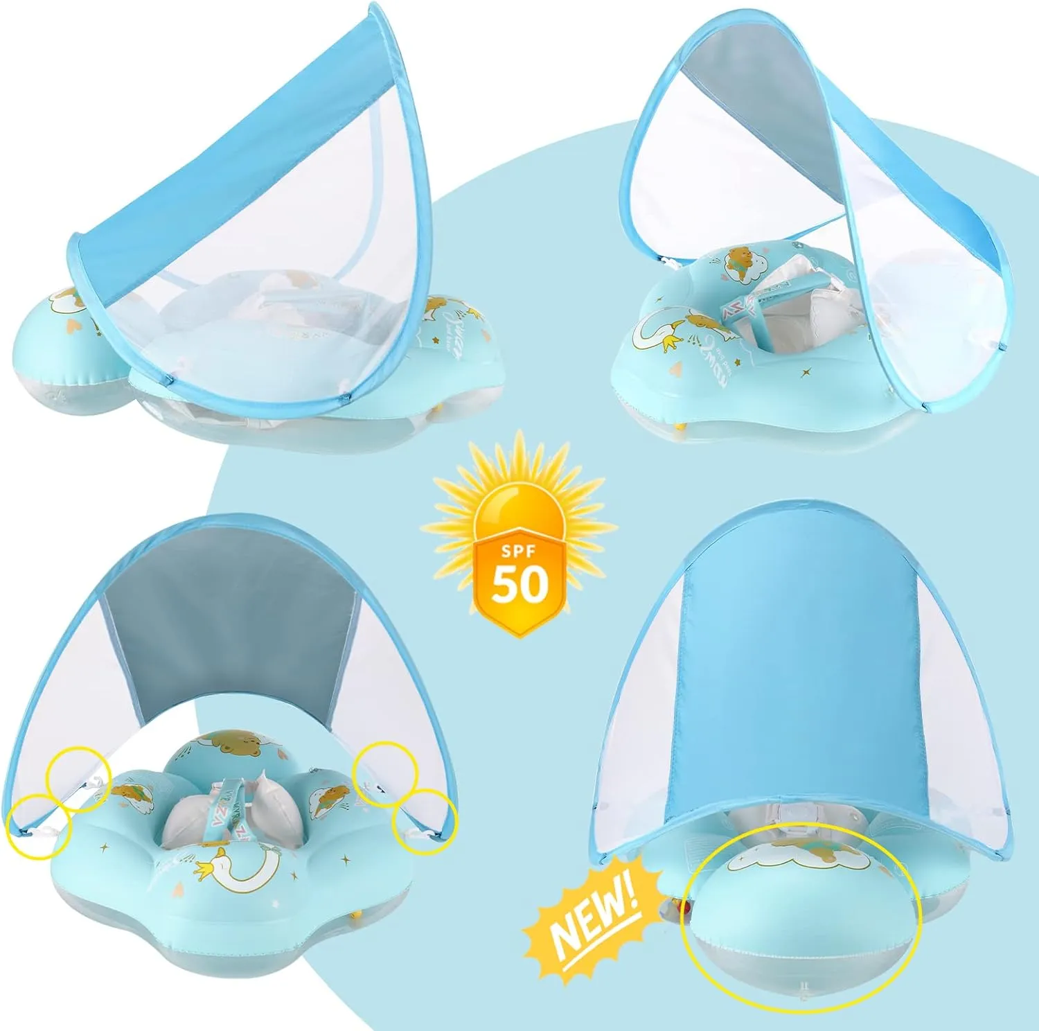 Baby Float with Canopy UPF50  Sun Protection for Infant Newborn Toddler Inflatable Swimming Spring Swim Water Float 0-36 Months with Balance Ball Safety Seat