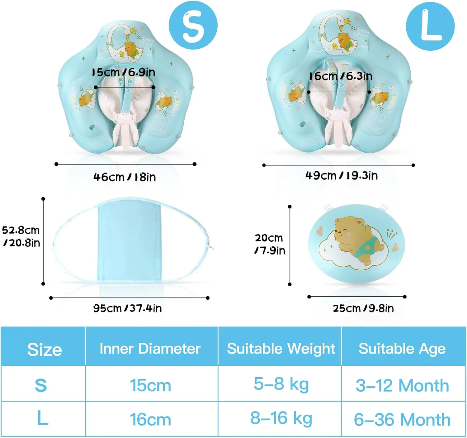 Baby Float with Canopy UPF50  Sun Protection for Infant Newborn Toddler Inflatable Swimming Spring Swim Water Float 0-36 Months with Balance Ball Safety Seat