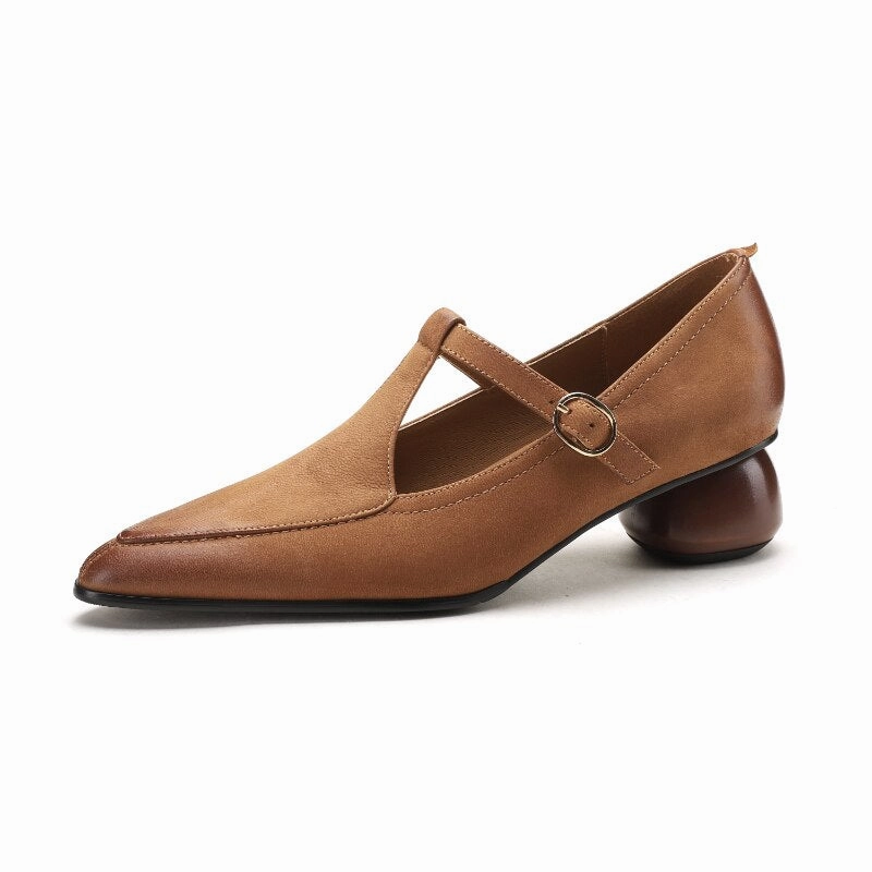 Back to school  new Spring women pumps natural leather 22-24.5cm length sheepskin t-tied pointed toe Buckle Mary Jane shoes T-strap