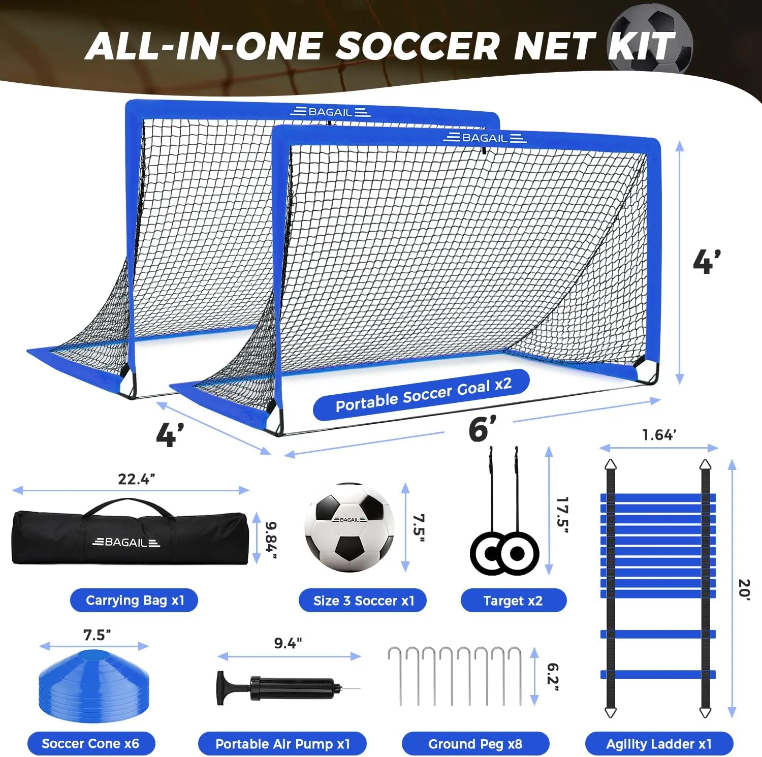 BAGAIL Soccer Goals for Backyard Set, 2 of 6 x 4ft Portable Pop Up Soccer Nets, Foldable Training Equipment with Soccer Ball, Ladder, Cones, Targets for Outdoor Games
