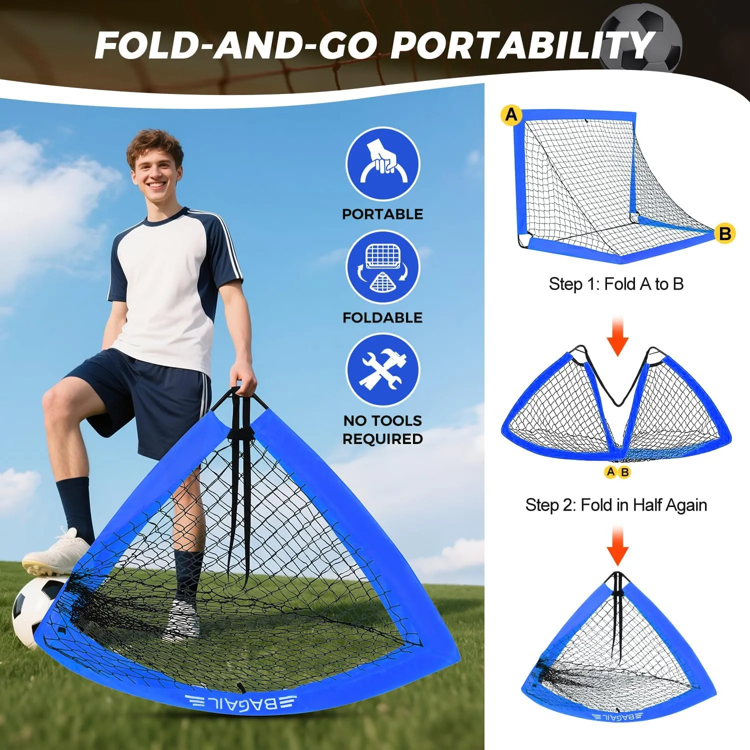 BAGAIL Soccer Goals for Backyard Set, 2 of 6 x 4ft Portable Pop Up Soccer Nets, Foldable Training Equipment with Soccer Ball, Ladder, Cones, Targets for Outdoor Games
