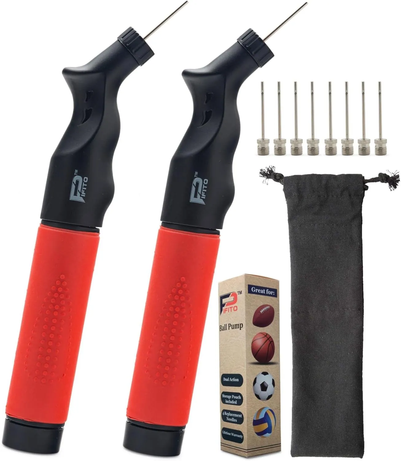 Ball Pump (2 Pack) - Dual Action Hand Air Pump for Soccer Ball, Football, Basketball and Inflatables - 2 Convenient Storage Pouches Included - with 8 Additional Needles