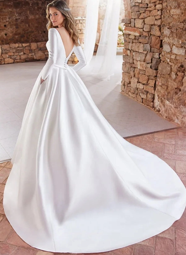 Ball Gown Long Sleeves Wedding Dress With Satin Open Back