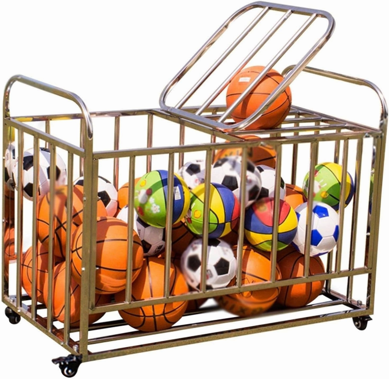 Ball Storage Cart Rolling Ball Storage Garage with Lockable Wheels, Basketball Storage Bin for Indoor Outdoor, Rolling Exercise Ball Cart Holder for Gym, School, Club,Withcover