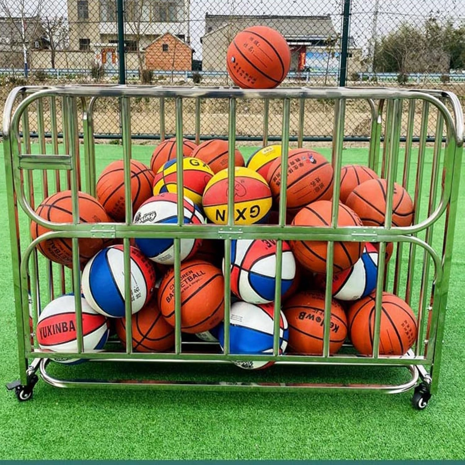 Ball Storage Cart，Rolling Sports Ball Cart， School Playground Ball Storage Cart Lockable Basketball Cage with Door/Wheels(90x80x120cm)