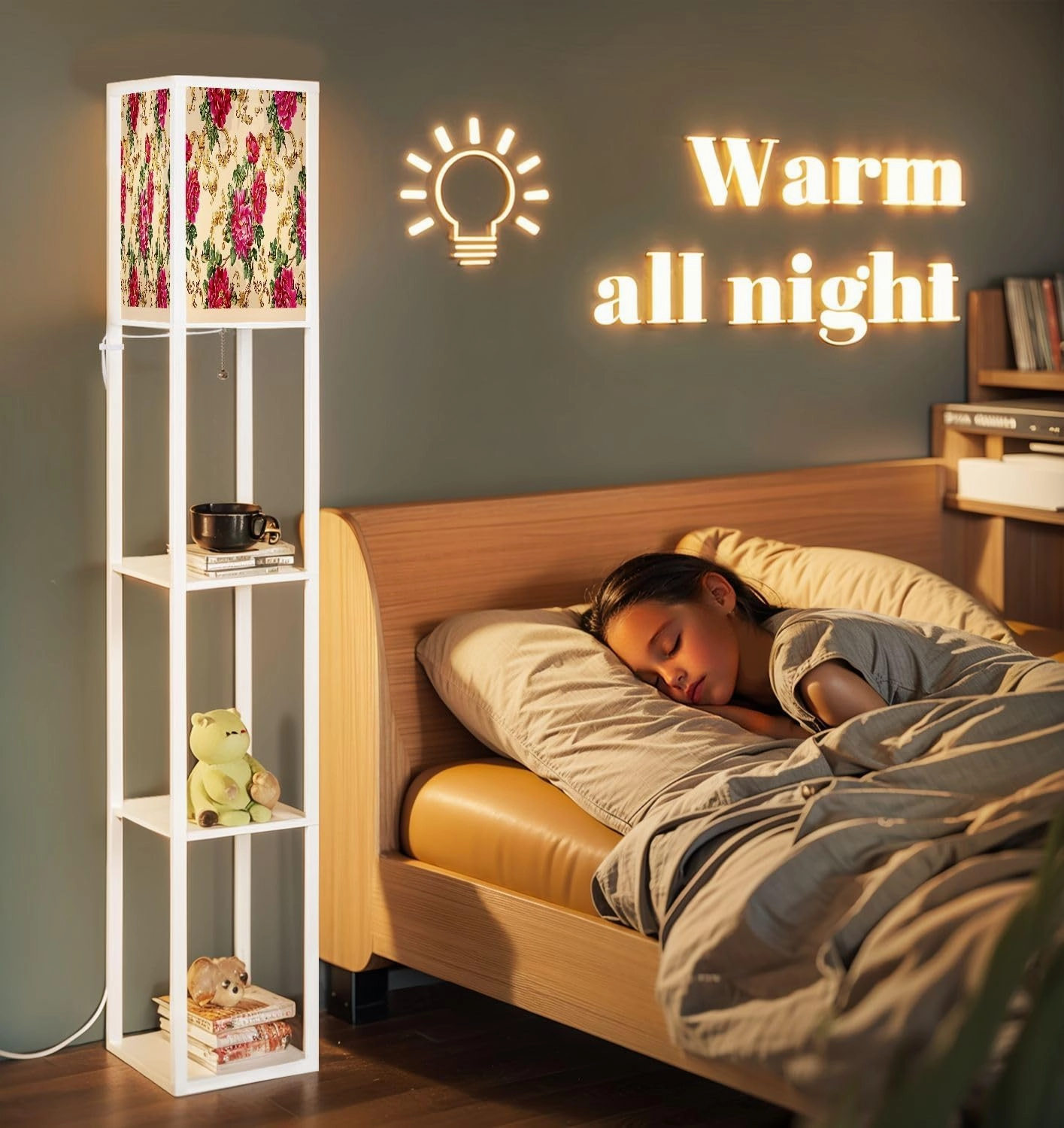 Baroque Pattern Branch from Gold Scrolls Floral Motives Bouquet Floor Lamps with Shelves, Modern Standing Lamp Narrow Corner Display Bookshelf Lamp for Living Room, Bedroom, Office Decor