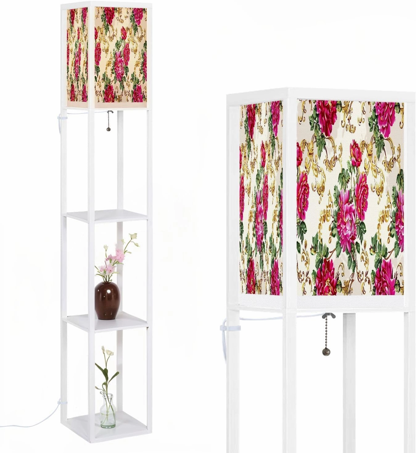 Baroque Pattern Branch from Gold Scrolls Floral Motives Bouquet Floor Lamps with Shelves, Modern Standing Lamp Narrow Corner Display Bookshelf Lamp for Living Room, Bedroom, Office Decor