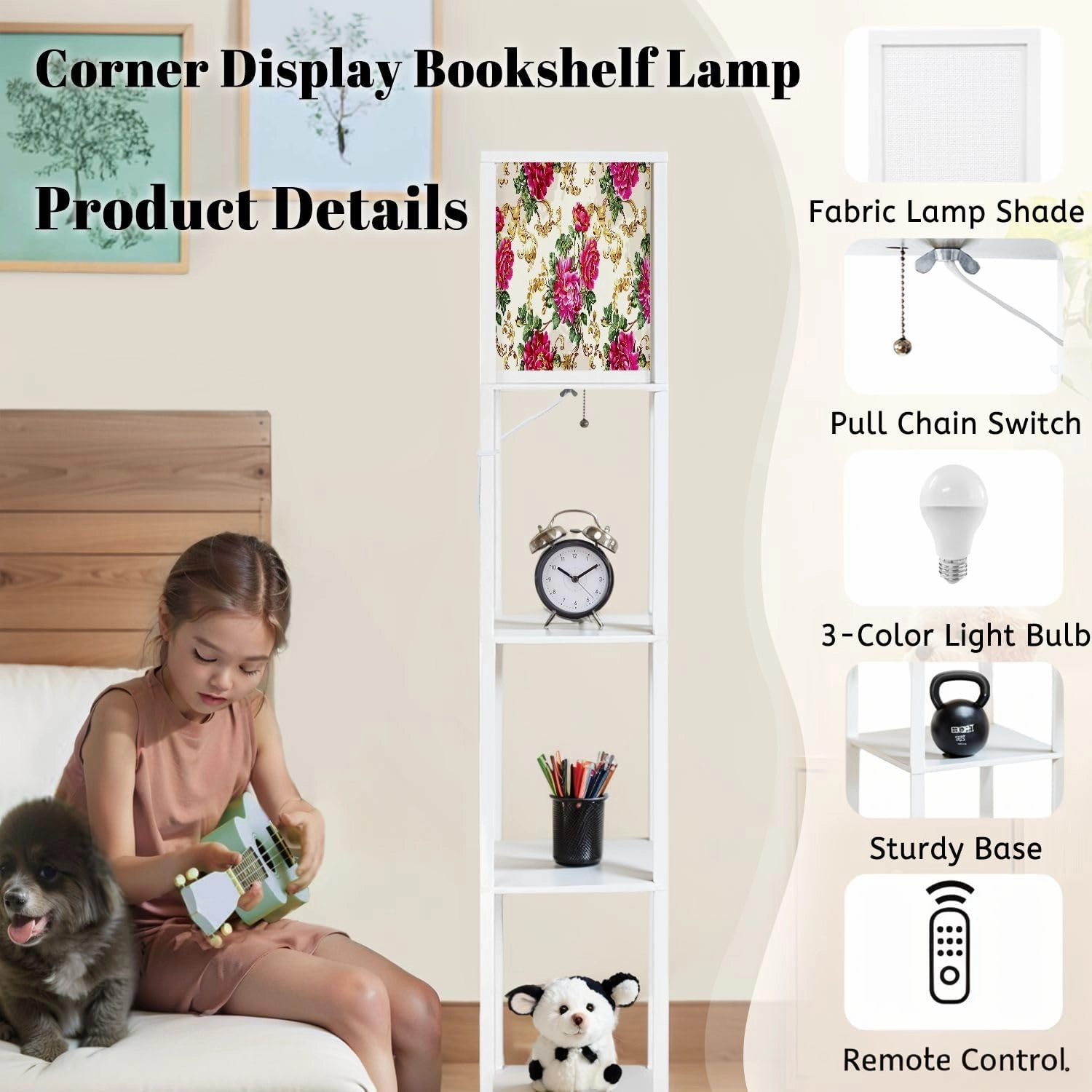 Baroque Pattern Branch from Gold Scrolls Floral Motives Bouquet Floor Lamps with Shelves, Modern Standing Lamp Narrow Corner Display Bookshelf Lamp for Living Room, Bedroom, Office Decor