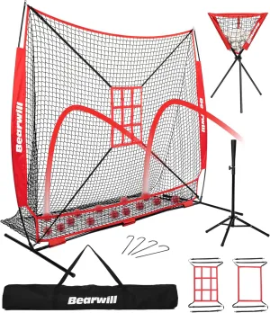 Baseball Net, 7x7ft Baseball Softball Pitching Net with Large Ball Collection System, Hitting Net Batting Net with Tee, 2 Strike Zones, Carry Bag, Baseball Nets for Batting Hitting Pitching