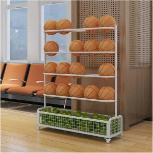 Basketball Storage Rack Tennis Ball Bin for School Garage Playground, Large Capacity Metal Heavy Duty Vertical Sports Equipment Organizer with Wheels,White