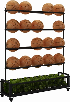 Basketball Storage Rack Tennis Ball Bin for School Garage Playground, Large Capacity Metal Heavy Duty Vertical Sports Equipment Organizer with Wheels,White