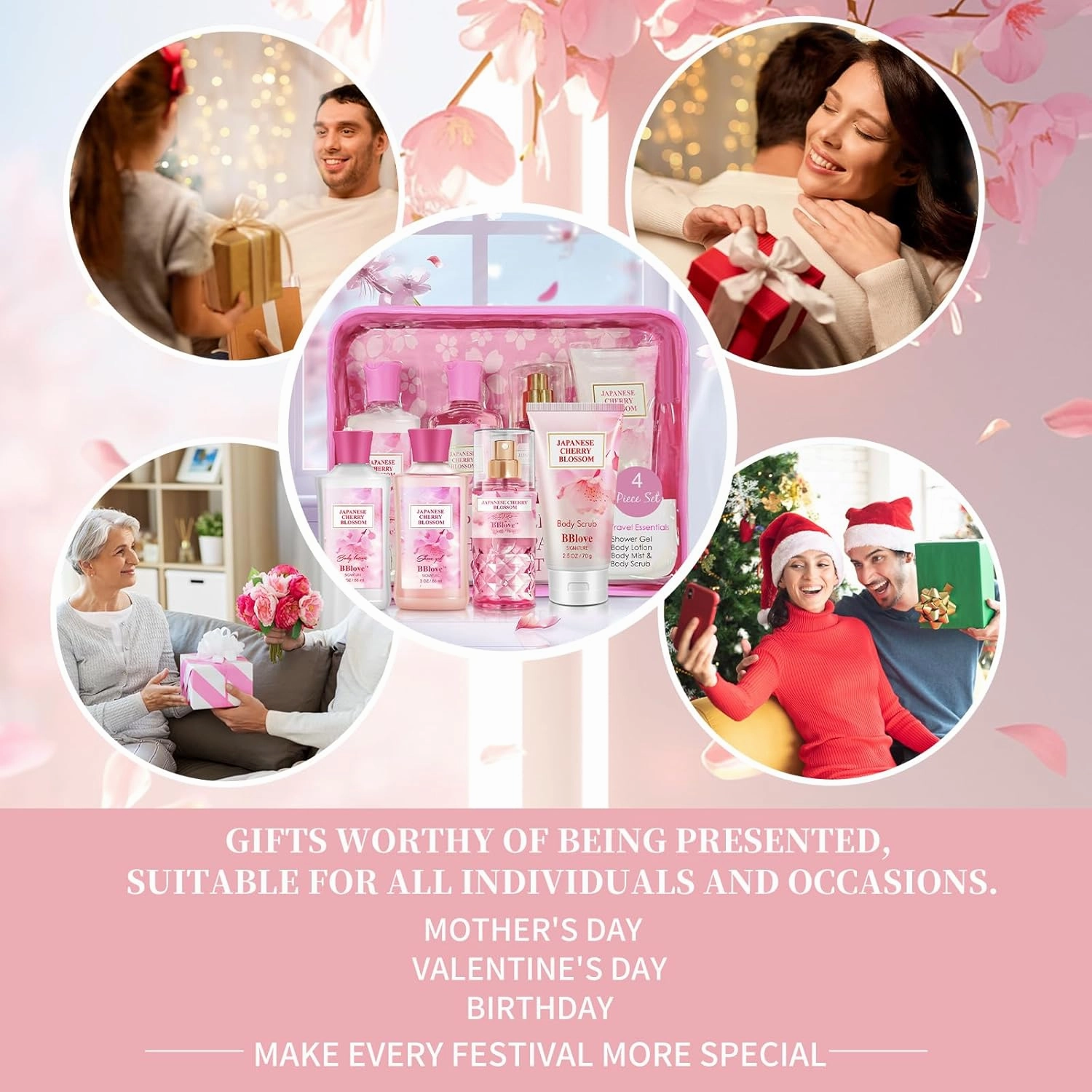 Bath and Body Gift Set for Women & Girls, Japanese Cherry Blossom, 4PCS Set for-Shower Gel, Body Lotion, Body Mist, Exfoliating Scrub, Body Care Set