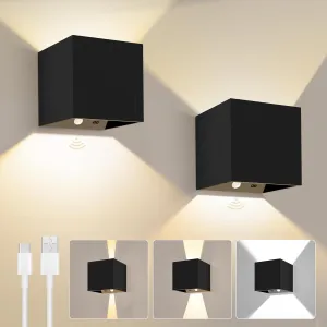 Battery Wall Sconces Set of 2 with Motion Sensor, Rechargeable 4000mAh Wall Lights Dimmable, 3 Colors Adjustable Beam Angle Lamp, Wireless Up Down Night Light for Stairway, Hallway, Black