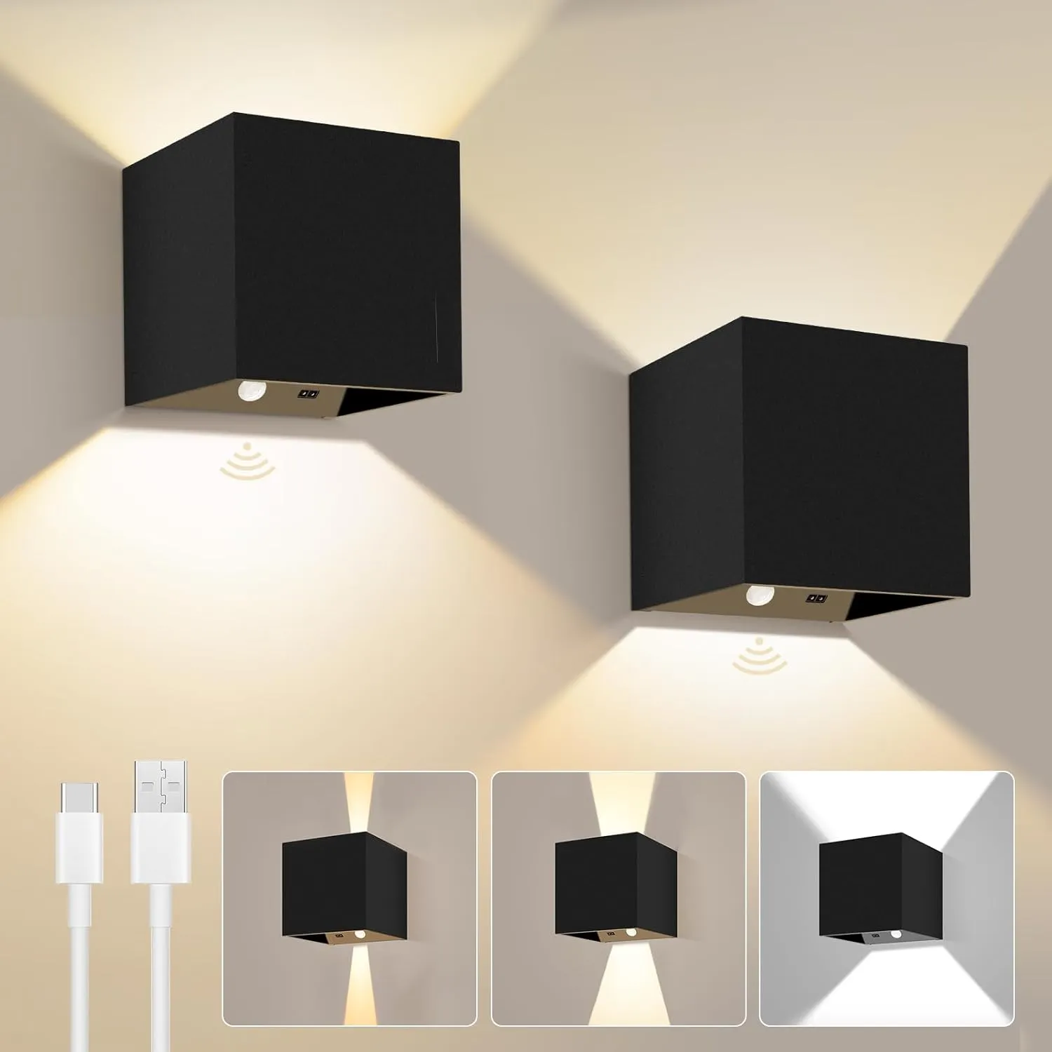 Battery Wall Sconces Set of 2 with Motion Sensor, Rechargeable 4000mAh Wall Lights Dimmable, 3 Colors Adjustable Beam Angle Lamp, Wireless Up Down Night Light for Stairway, Hallway, Black