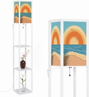 Beach Floor Lamps with Shelves, Modern Standing Lamp Narrow Corner Display Bookshelf Lamp for Living Room, Bedroom, Office Decor