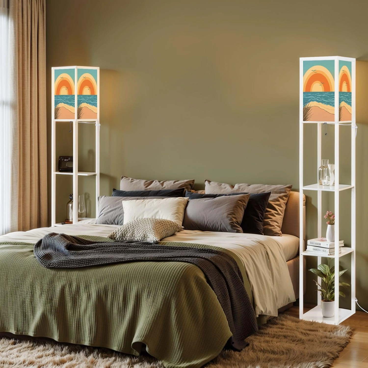 Beach Floor Lamps with Shelves, Modern Standing Lamp Narrow Corner Display Bookshelf Lamp for Living Room, Bedroom, Office Decor