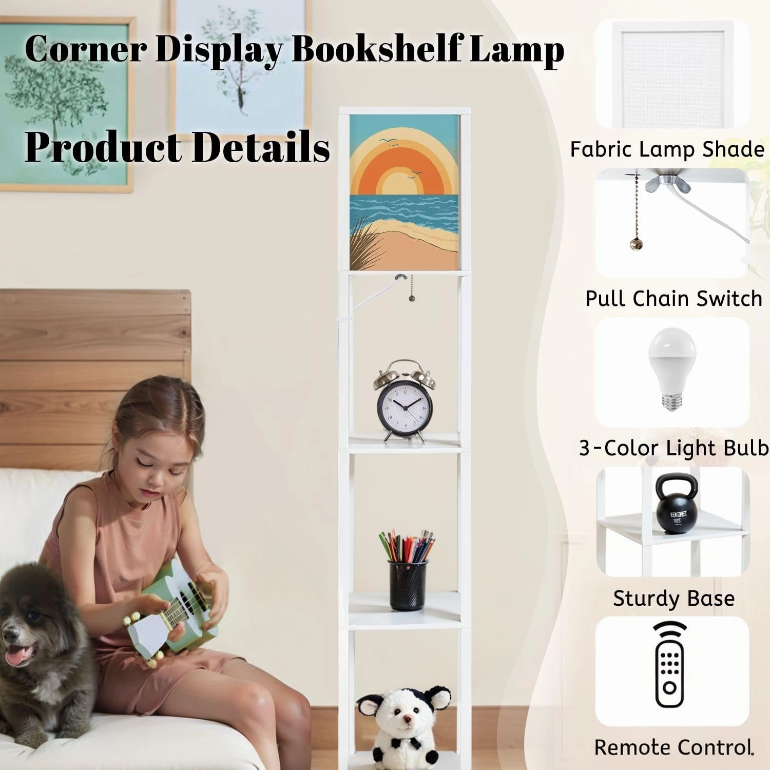 Beach Floor Lamps with Shelves, Modern Standing Lamp Narrow Corner Display Bookshelf Lamp for Living Room, Bedroom, Office Decor