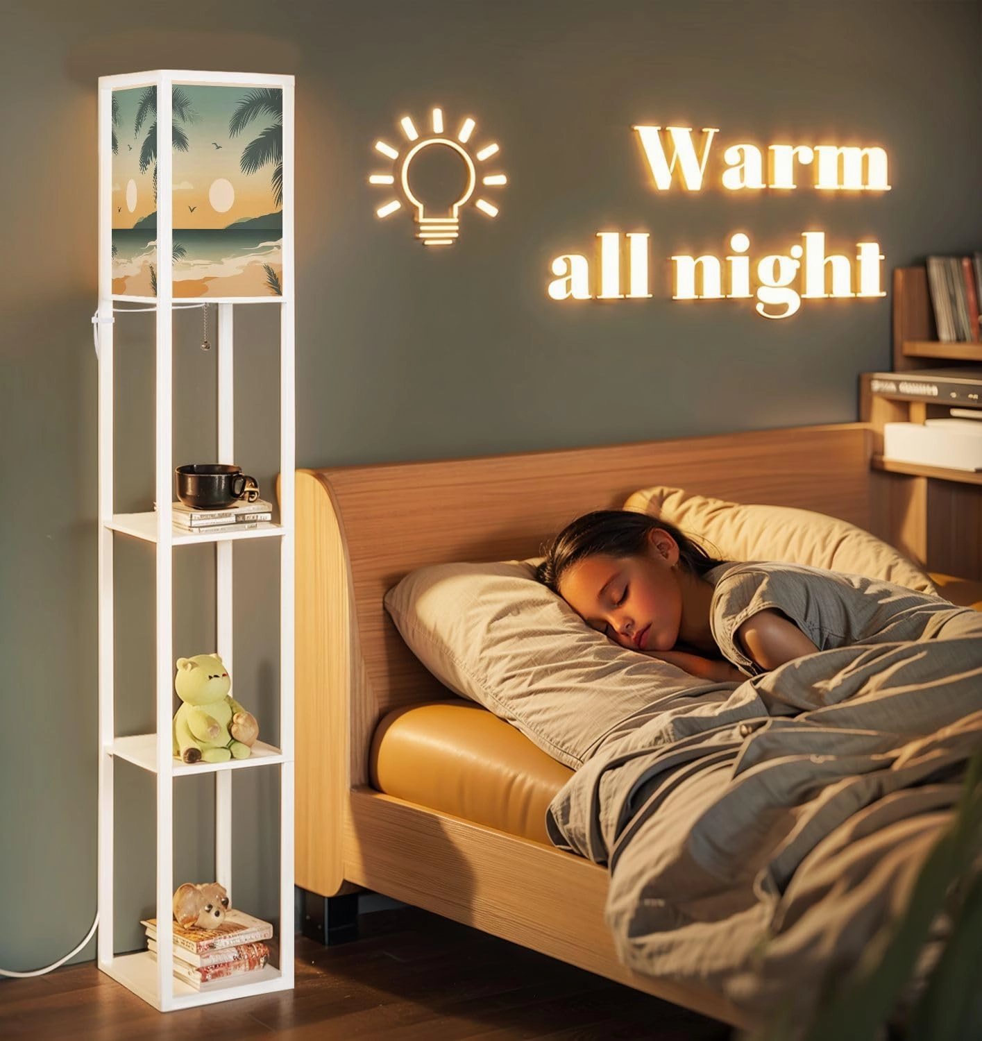 Beach Poster Floor Lamps with Shelves, Modern Standing Lamp Narrow Corner Display Bookshelf Lamp for Living Room, Bedroom, Office Decor