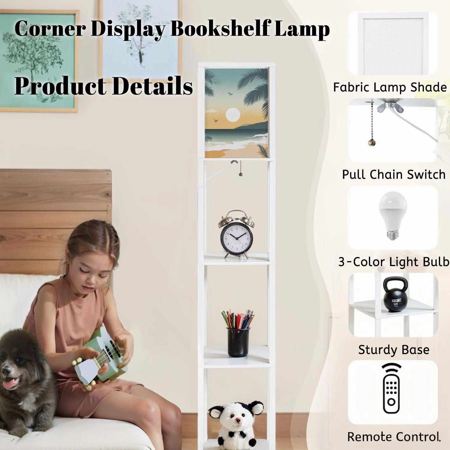Beach Poster Floor Lamps with Shelves, Modern Standing Lamp Narrow Corner Display Bookshelf Lamp for Living Room, Bedroom, Office Decor