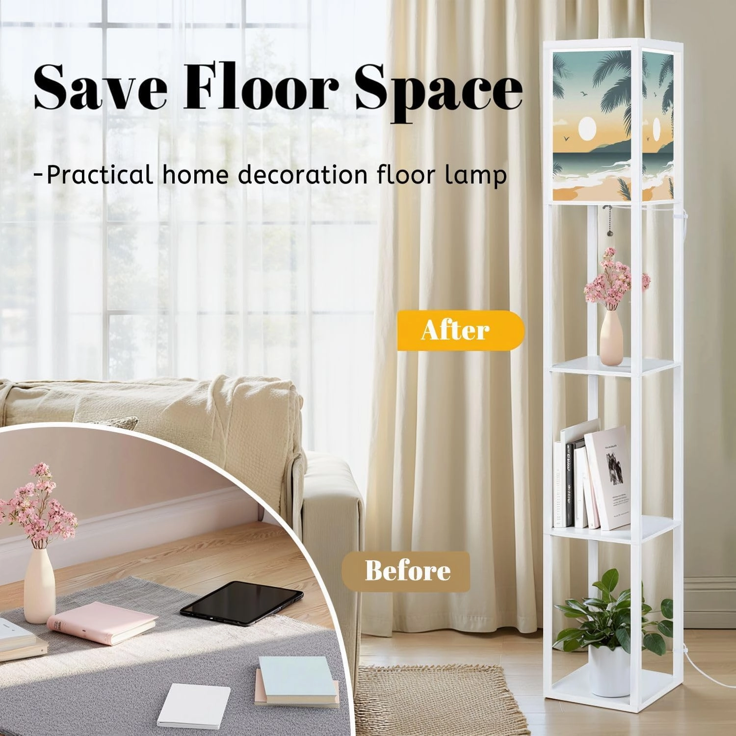 Beach Poster Floor Lamps with Shelves, Modern Standing Lamp Narrow Corner Display Bookshelf Lamp for Living Room, Bedroom, Office Decor