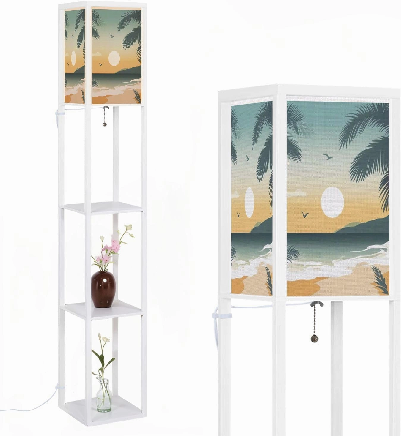 Beach Poster Floor Lamps with Shelves, Modern Standing Lamp Narrow Corner Display Bookshelf Lamp for Living Room, Bedroom, Office Decor