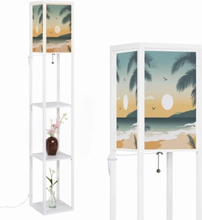 Beach Poster Floor Lamps with Shelves, Modern Standing Lamp Narrow Corner Display Bookshelf Lamp for Living Room, Bedroom, Office Decor