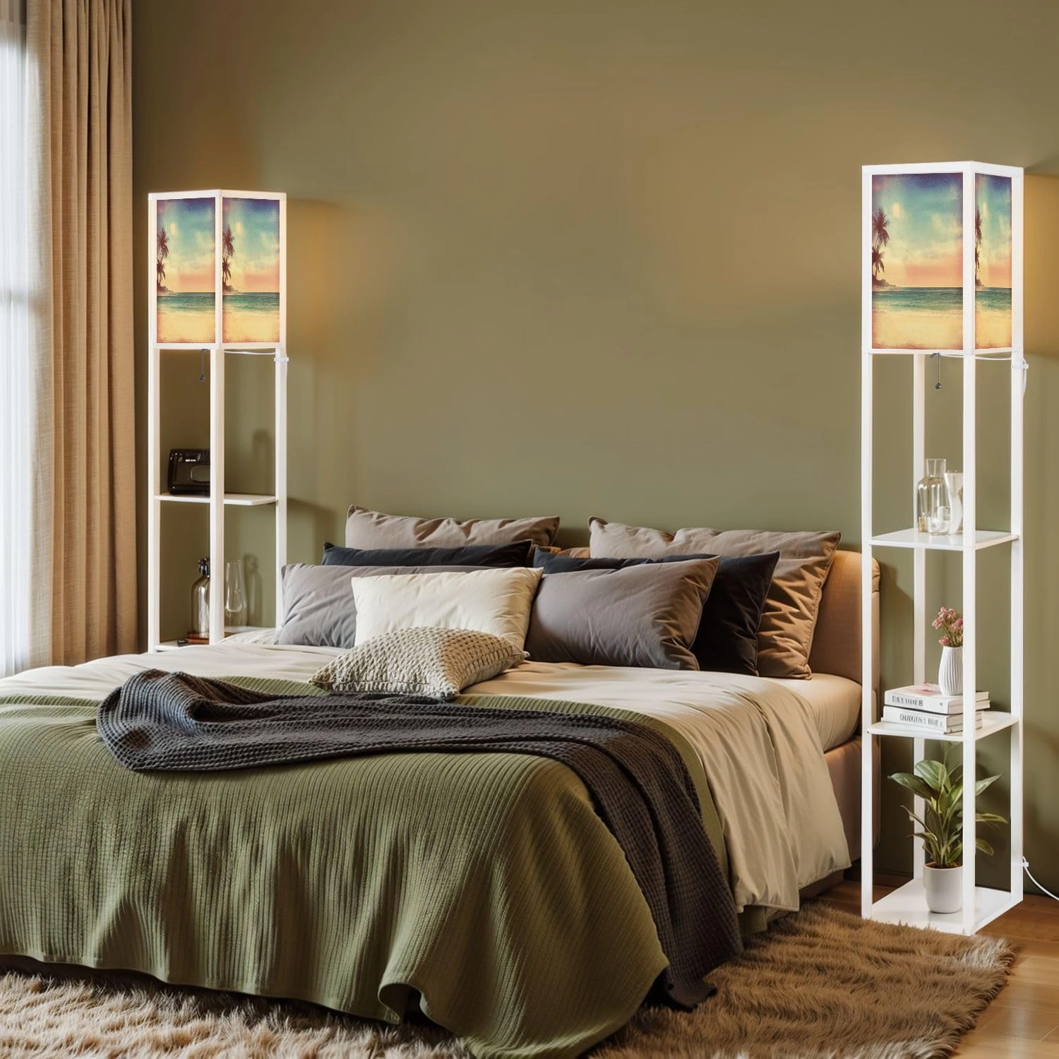 Beach tropical sea island palm trees Retro style old textured paper Floor Lamps with Shelves, Modern Standing Lamp Narrow Corner Display Bookshelf Lamp for Living Room, Bedroom, Office Decor