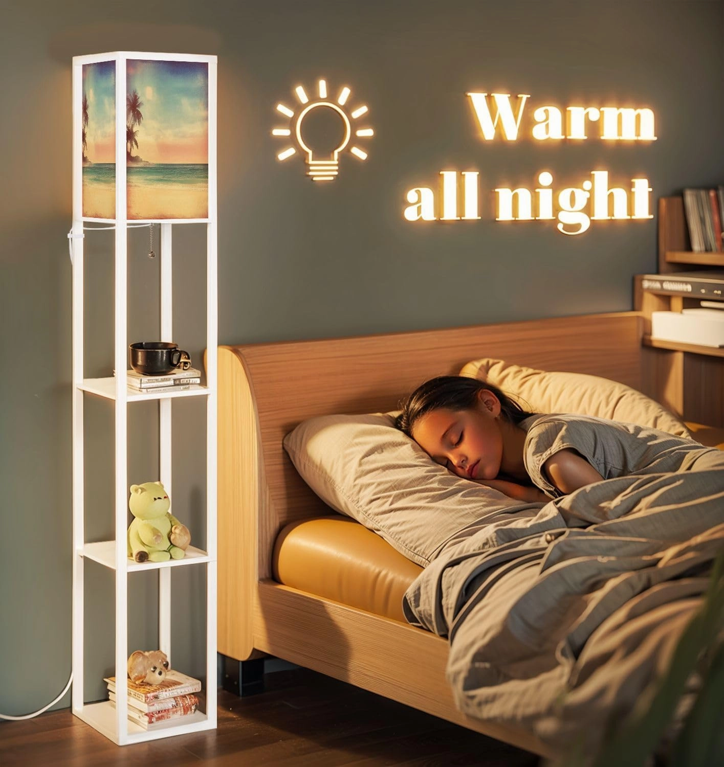 Beach tropical sea island palm trees Retro style old textured paper Floor Lamps with Shelves, Modern Standing Lamp Narrow Corner Display Bookshelf Lamp for Living Room, Bedroom, Office Decor
