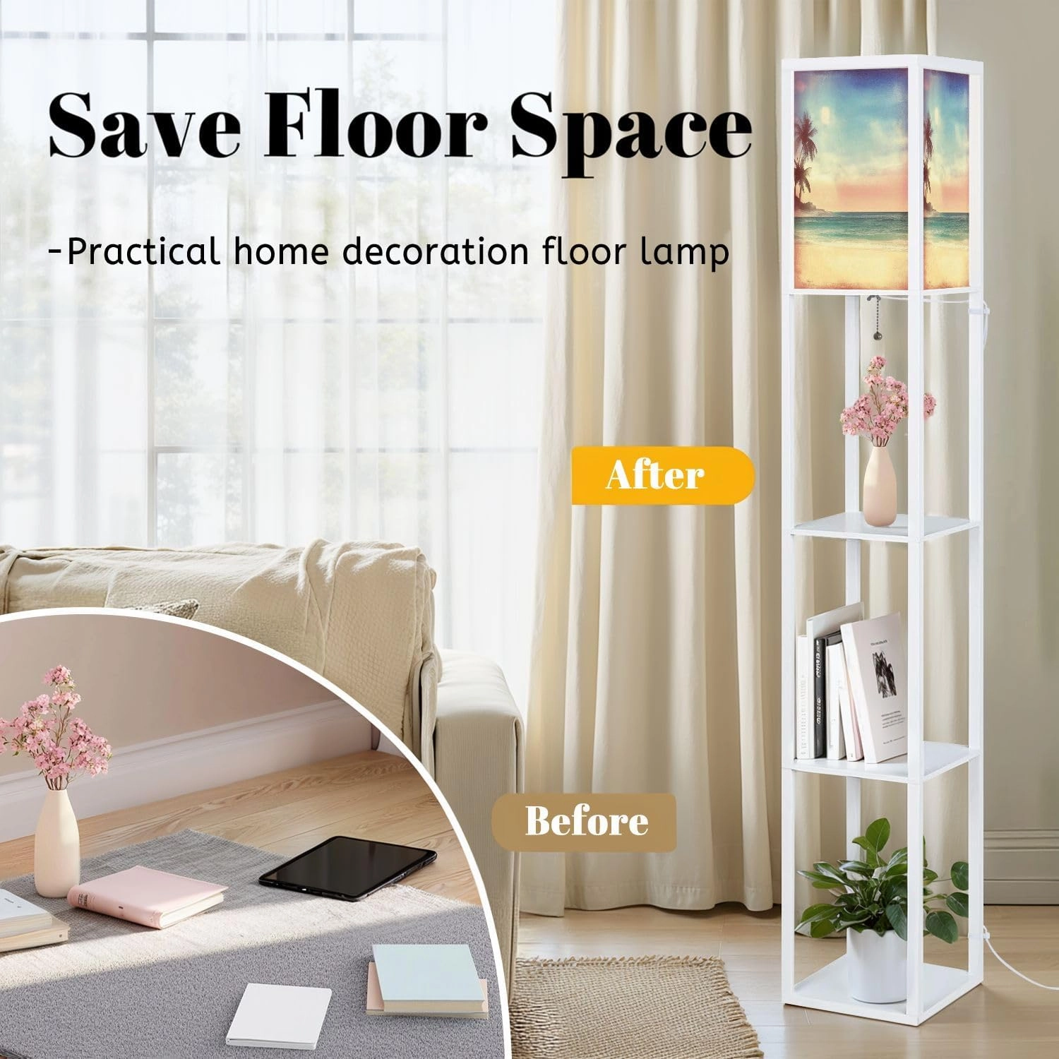 Beach tropical sea island palm trees Retro style old textured paper Floor Lamps with Shelves, Modern Standing Lamp Narrow Corner Display Bookshelf Lamp for Living Room, Bedroom, Office Decor