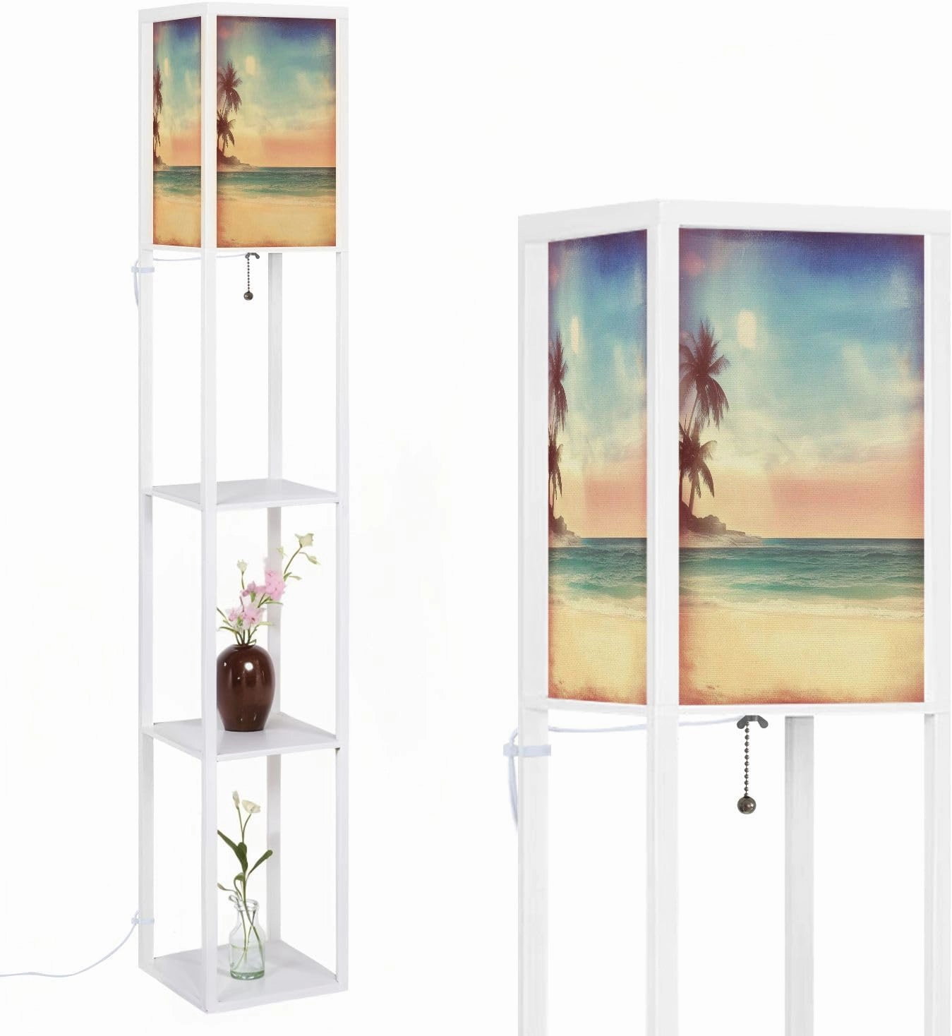 Beach tropical sea island palm trees Retro style old textured paper Floor Lamps with Shelves, Modern Standing Lamp Narrow Corner Display Bookshelf Lamp for Living Room, Bedroom, Office Decor