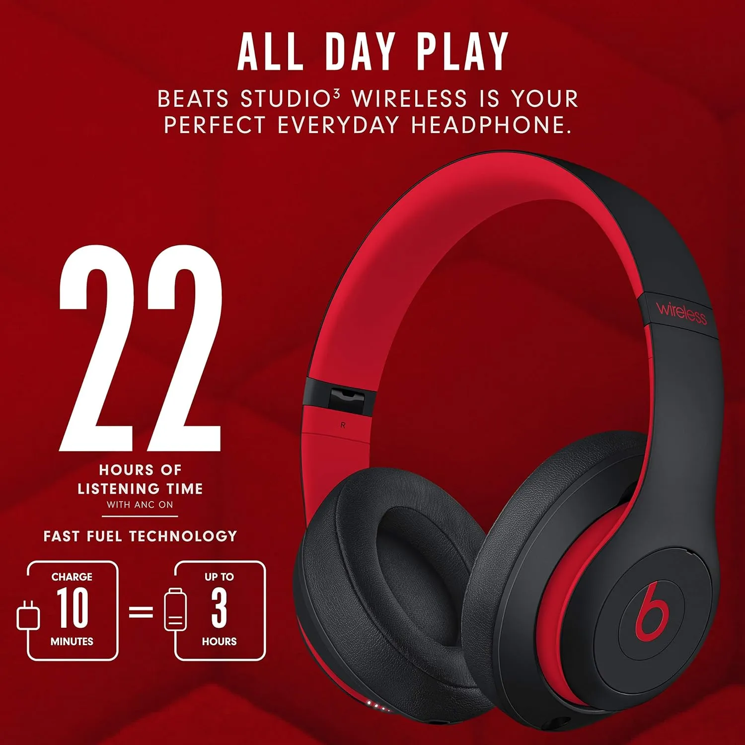Beats Studio3 Decade Collection Wireless Over-Ear Headphones - Defiant Black/Red (Renewed)