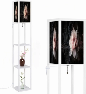 Beautiful Flower from Dark Vintage Patterns Peony Floor Lamps with Shelves, Modern Standing Lamp Narrow Corner Display Bookshelf Lamp for Living Room, Bedroom, Office Decor