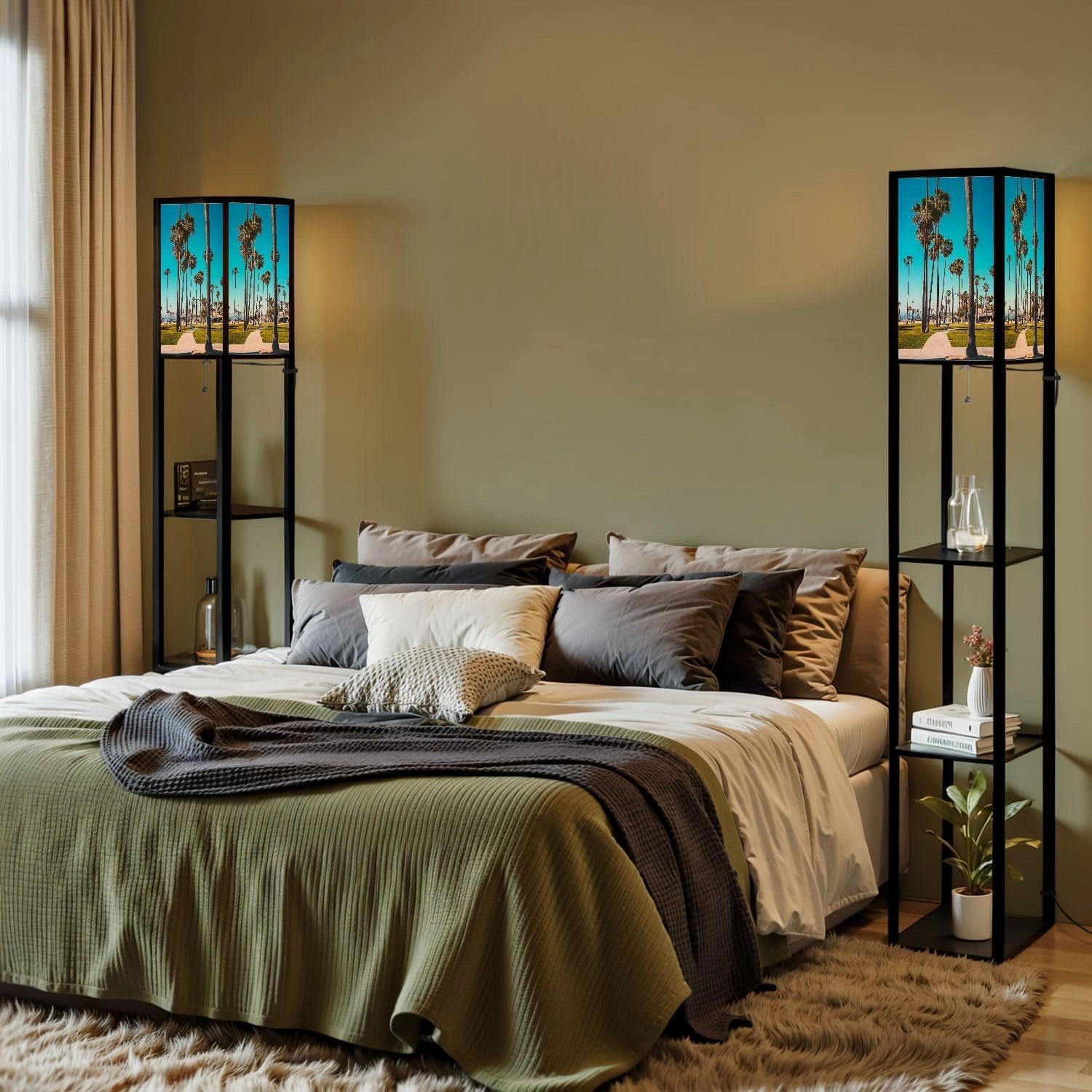 Beautiful Summer Day District Floor Lamps with Shelves, Modern Standing Lamp Narrow Corner Display Bookshelf Lamp for Living Room, Bedroom, Office Decor