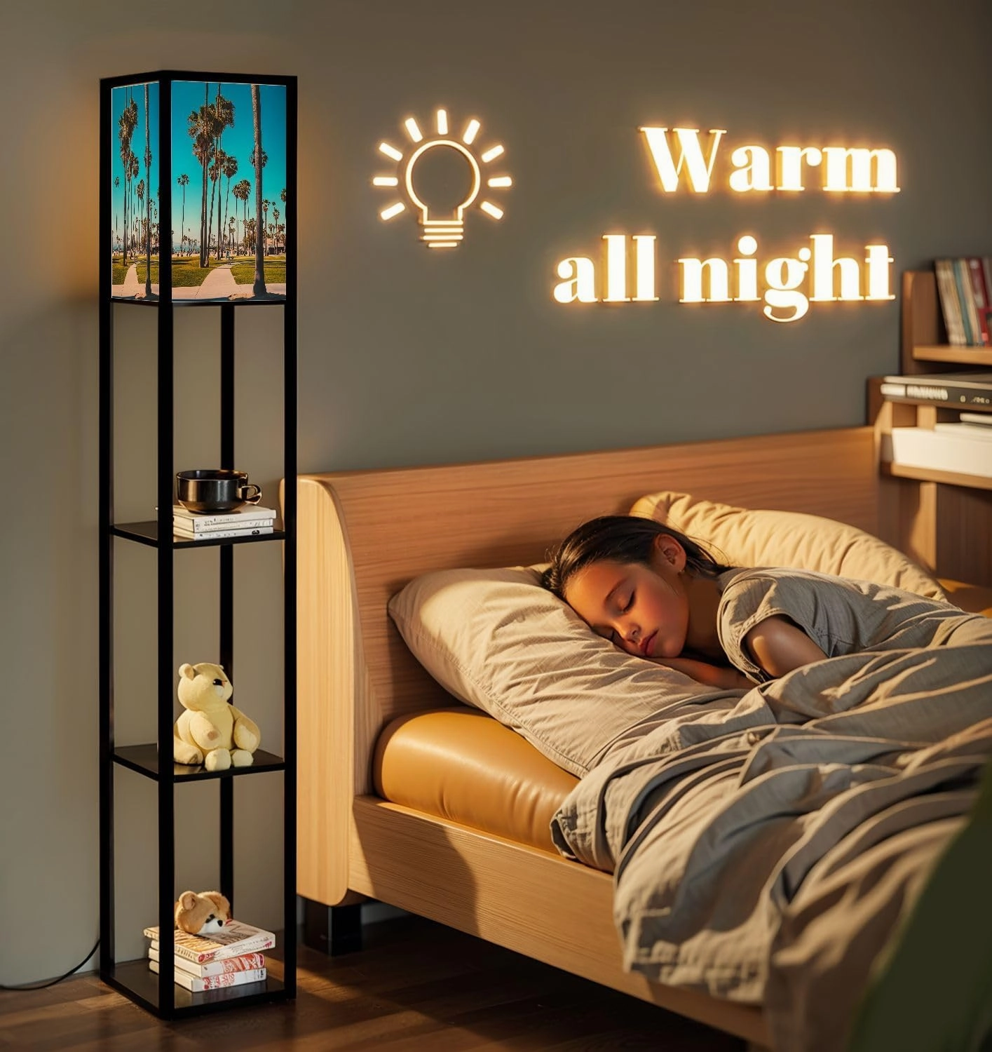 Beautiful Summer Day District Floor Lamps with Shelves, Modern Standing Lamp Narrow Corner Display Bookshelf Lamp for Living Room, Bedroom, Office Decor