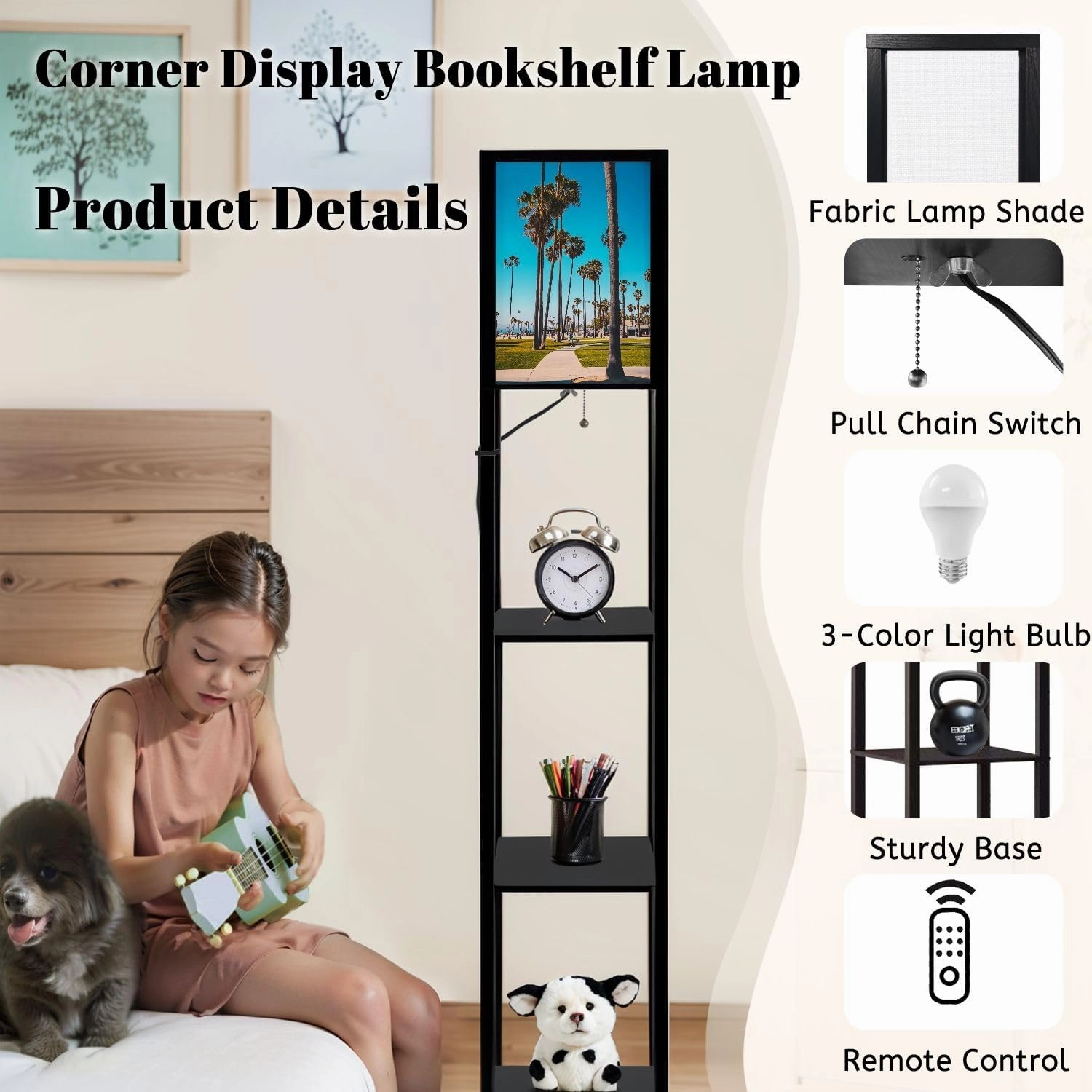 Beautiful Summer Day District Floor Lamps with Shelves, Modern Standing Lamp Narrow Corner Display Bookshelf Lamp for Living Room, Bedroom, Office Decor