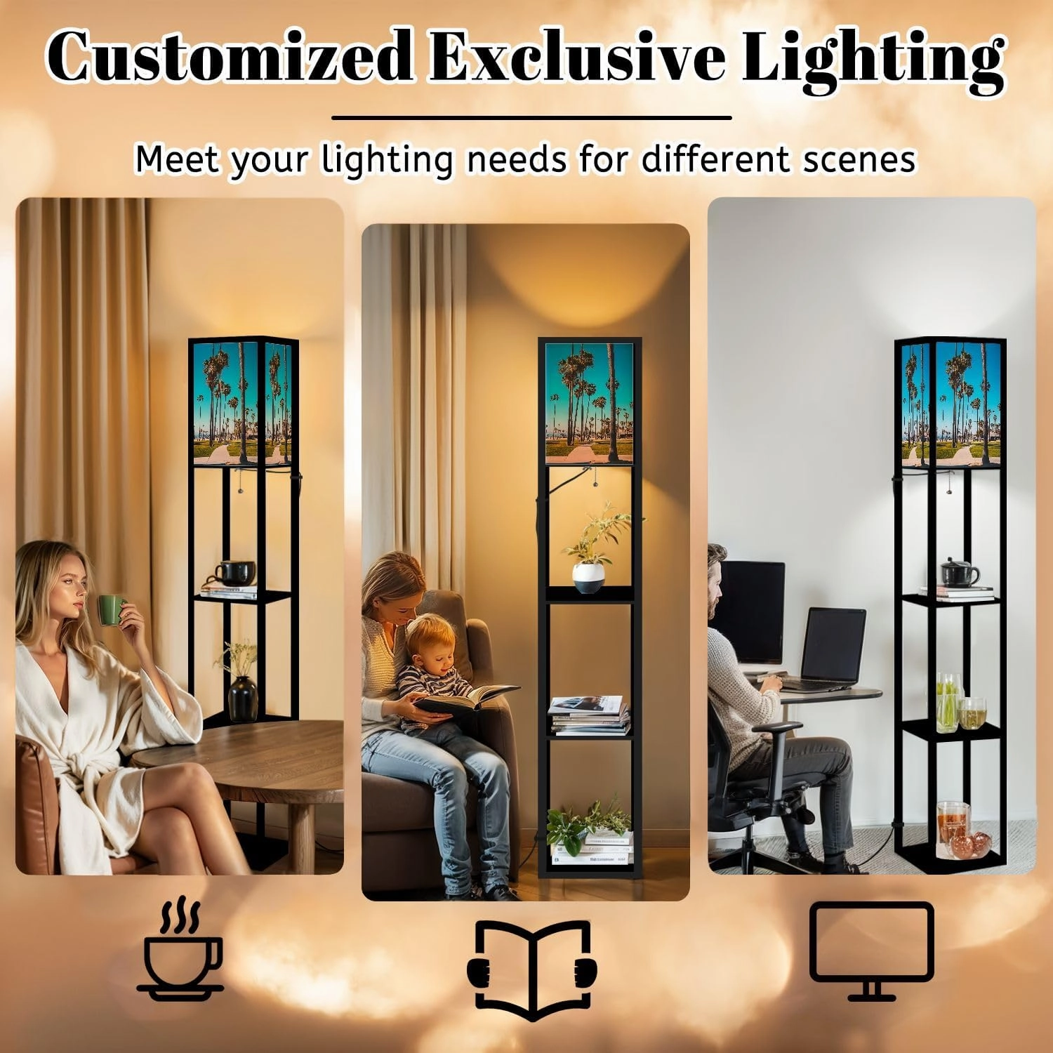 Beautiful Summer Day District Floor Lamps with Shelves, Modern Standing Lamp Narrow Corner Display Bookshelf Lamp for Living Room, Bedroom, Office Decor