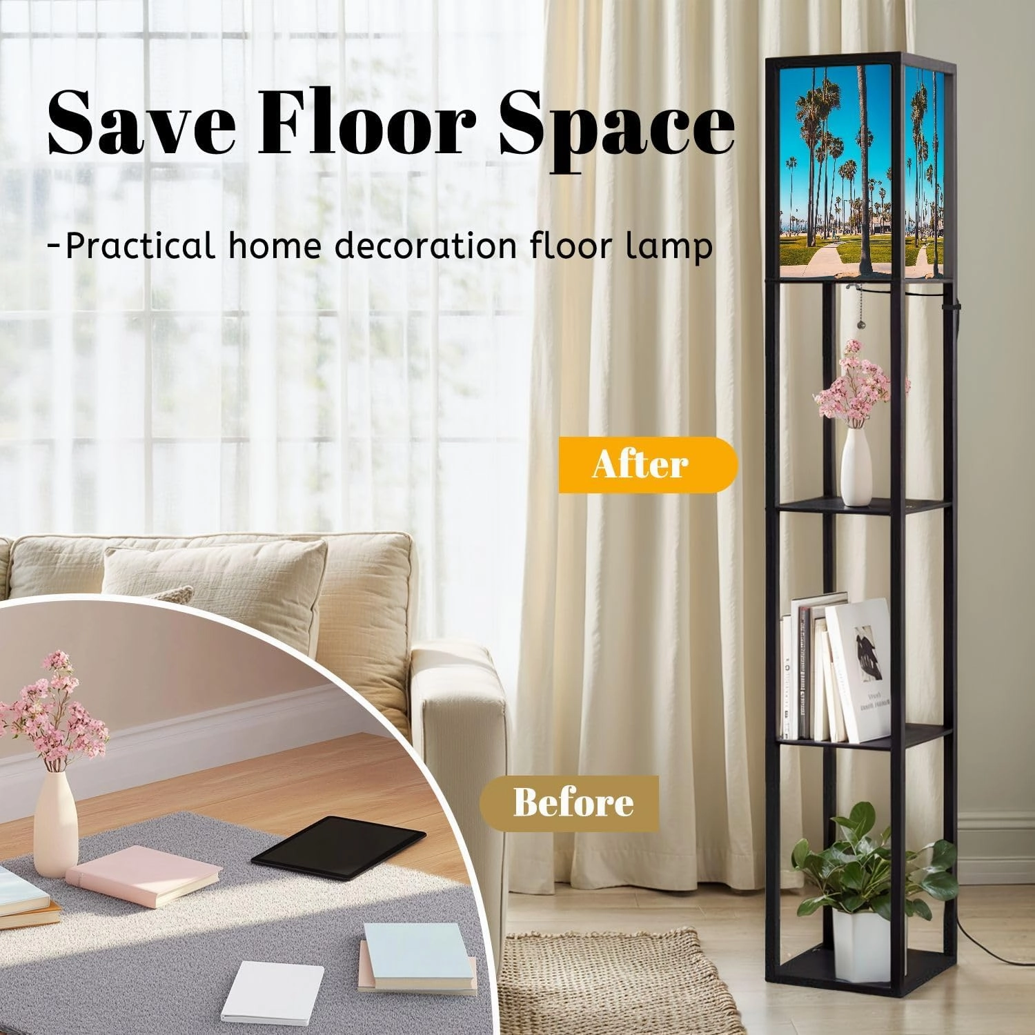 Beautiful Summer Day District Floor Lamps with Shelves, Modern Standing Lamp Narrow Corner Display Bookshelf Lamp for Living Room, Bedroom, Office Decor