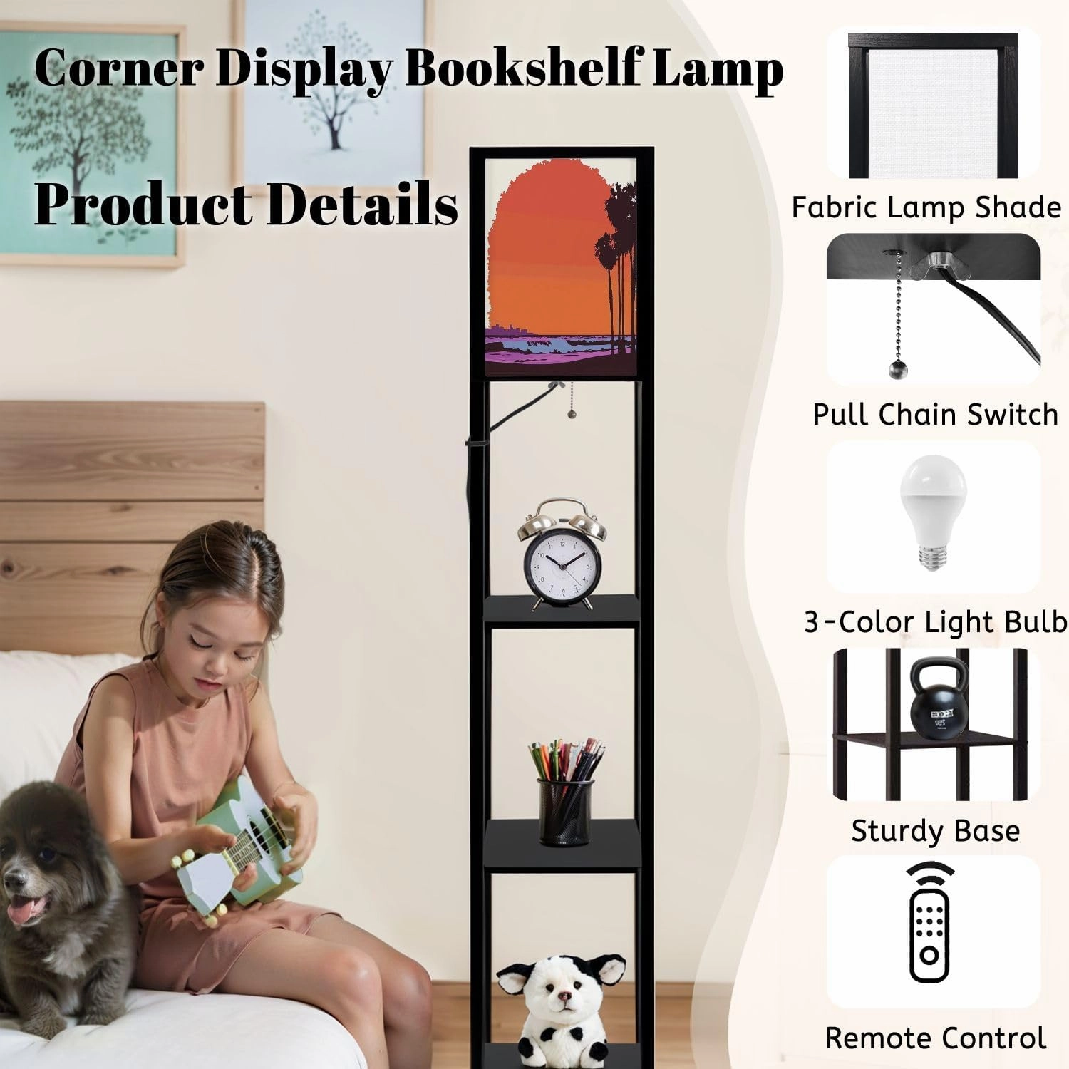Beautiful Sunset View California Floor Lamps with Shelves, Modern Standing Lamp Narrow Corner Display Bookshelf Lamp for Living Room, Bedroom, Office Decor