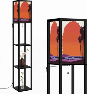 Beautiful Sunset View California Floor Lamps with Shelves, Modern Standing Lamp Narrow Corner Display Bookshelf Lamp for Living Room, Bedroom, Office Decor