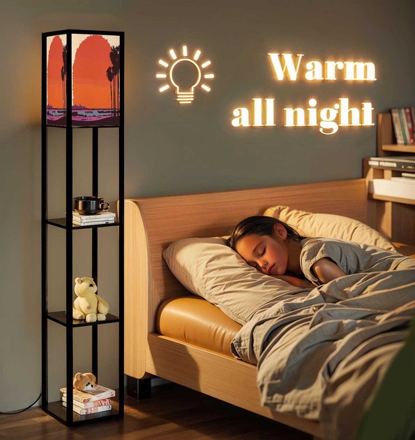Beautiful Sunset View California Floor Lamps with Shelves, Modern Standing Lamp Narrow Corner Display Bookshelf Lamp for Living Room, Bedroom, Office Decor