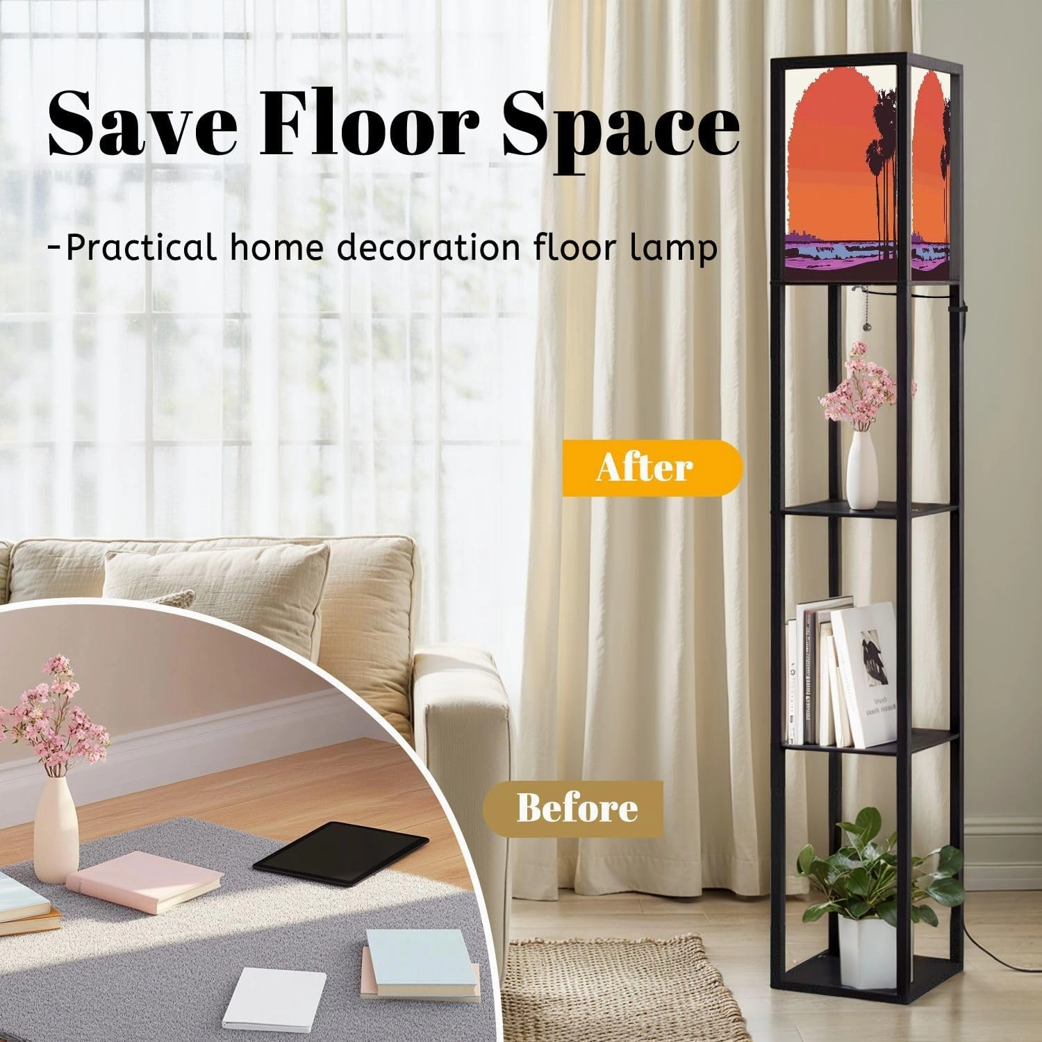 Beautiful Sunset View California Floor Lamps with Shelves, Modern Standing Lamp Narrow Corner Display Bookshelf Lamp for Living Room, Bedroom, Office Decor