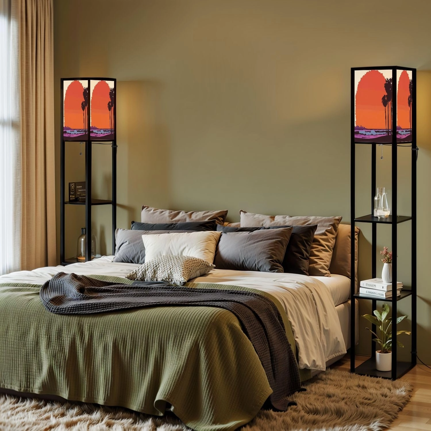 Beautiful Sunset View California Floor Lamps with Shelves, Modern Standing Lamp Narrow Corner Display Bookshelf Lamp for Living Room, Bedroom, Office Decor