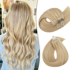 Benehair Micro Loop Human Hair Extension 1g/strand 50g Micro Beads Remy Balayage Hair Piece for Women Nano Rings Beads Stick Tipped Micro Link Hairpiece 22inch #18P613 Ash Blonde&Bleach Blonde