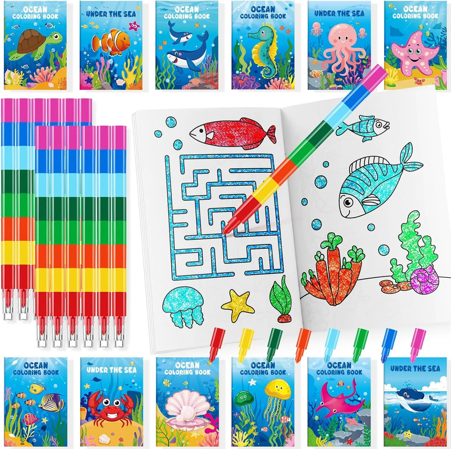 BenLouis 24 Under the Sea Mini Coloring Books Kids with 24 Stacking Crayons Ocean Animals Party Favors Activity Books Bulk for Kids Sea Fish Birthday Goodie Bag Gift Stuffer Classroom Reward