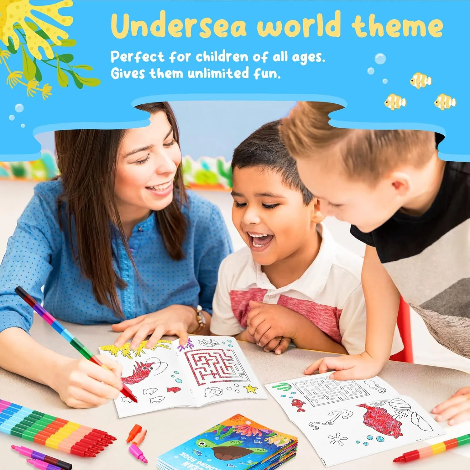 BenLouis 24 Under the Sea Mini Coloring Books Kids with 24 Stacking Crayons Ocean Animals Party Favors Activity Books Bulk for Kids Sea Fish Birthday Goodie Bag Gift Stuffer Classroom Reward