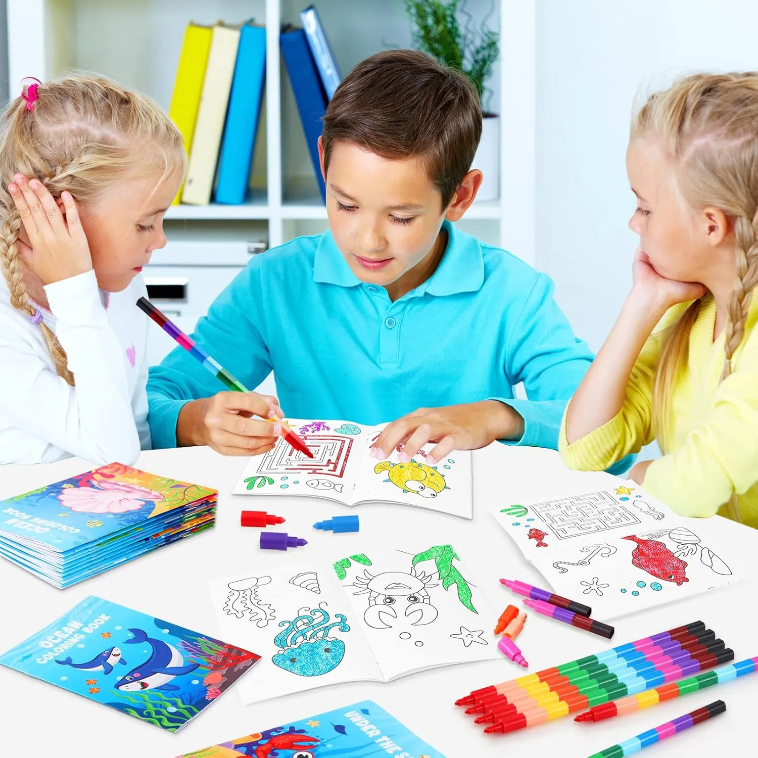 BenLouis 24 Under the Sea Mini Coloring Books Kids with 24 Stacking Crayons Ocean Animals Party Favors Activity Books Bulk for Kids Sea Fish Birthday Goodie Bag Gift Stuffer Classroom Reward