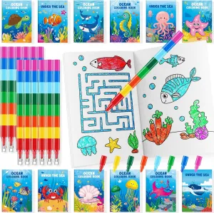 BenLouis 24 Under the Sea Mini Coloring Books Kids with 24 Stacking Crayons Ocean Animals Party Favors Activity Books Bulk for Kids Sea Fish Birthday Goodie Bag Gift Stuffer Classroom Reward