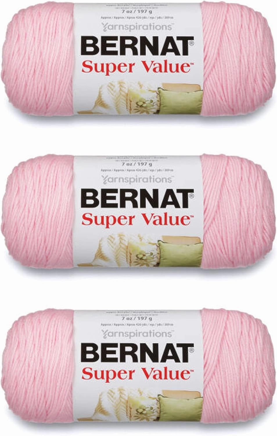 Bernat Super Value Baby Pink Yarn - 3 Pack of 198g/7oz - Acrylic - 4 Medium (Worsted) - 426 Yards - Knitting/Crochet