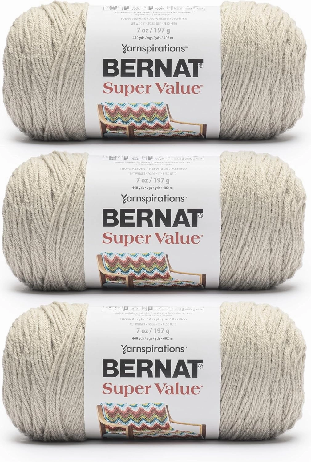 Bernat Super Value Sand Dune Yarn - 3 Pack of 7oz/197g - 100% Acrylic - #4 Worsted (Medium) 440 Yards - Knitting/Crochet